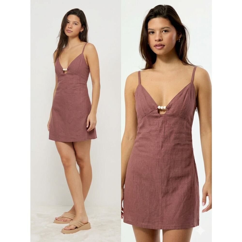 Mocha Linen Blend Mini Dress NWT Smocked Back Size S Sim & Sam Quiet Luxury